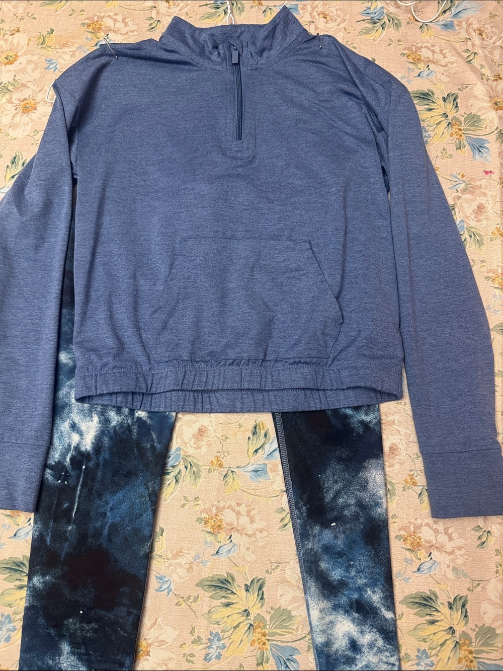 all in motion blue quarter-zip pullover with navy galaxy leggings